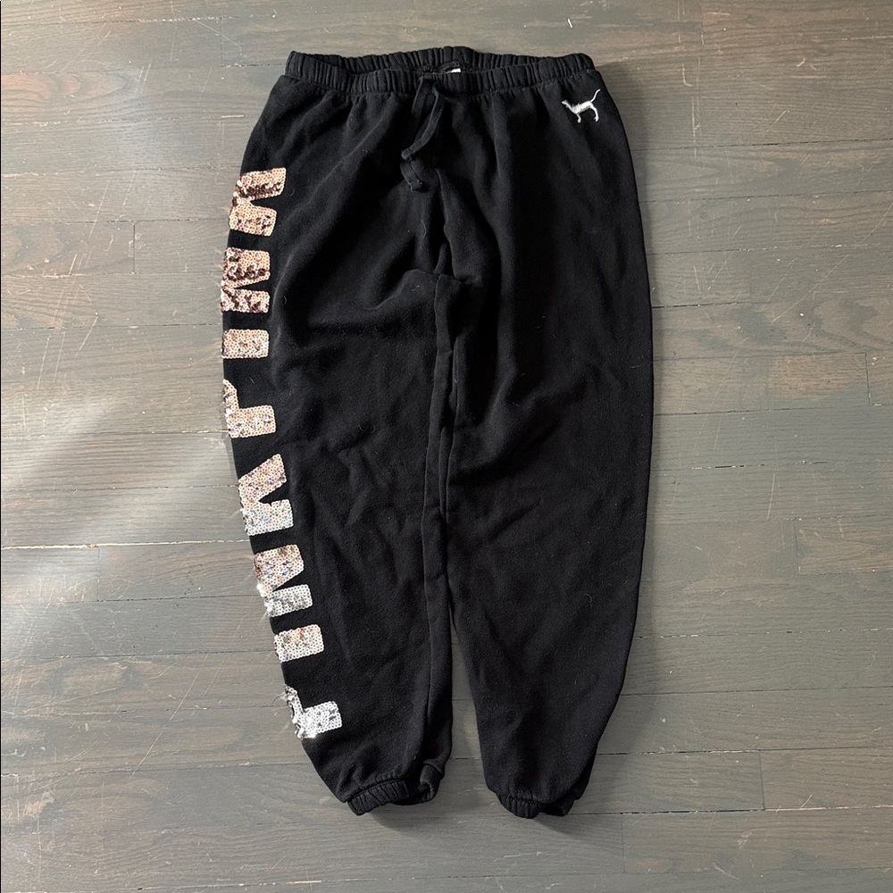PINK Victoria's Secret Black Joggers with Pink Sequin Logo